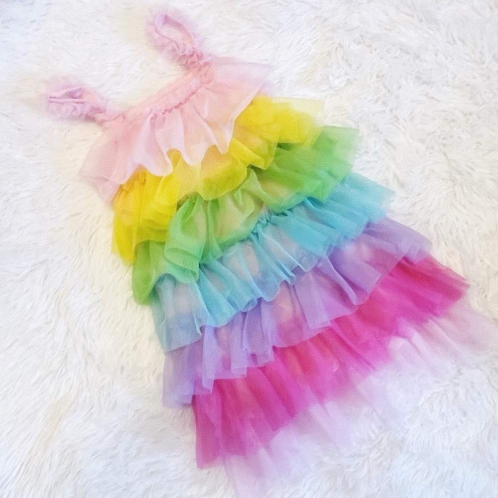 Girl’s Rainbow Tiered Dress Medium - Picture 2 of 5